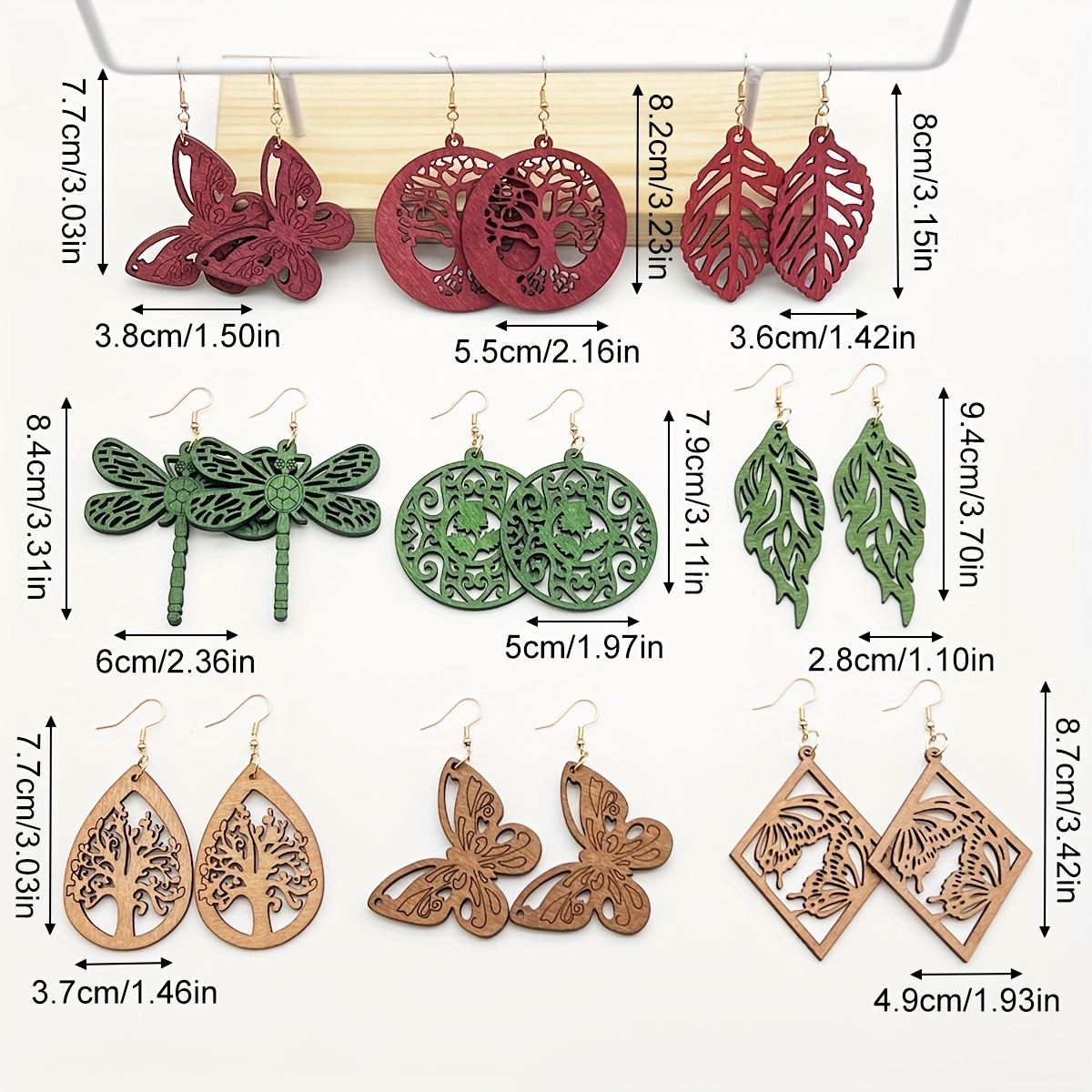 9 Pairs Minimalist Bohemian Wooden Pendant Earrings Set